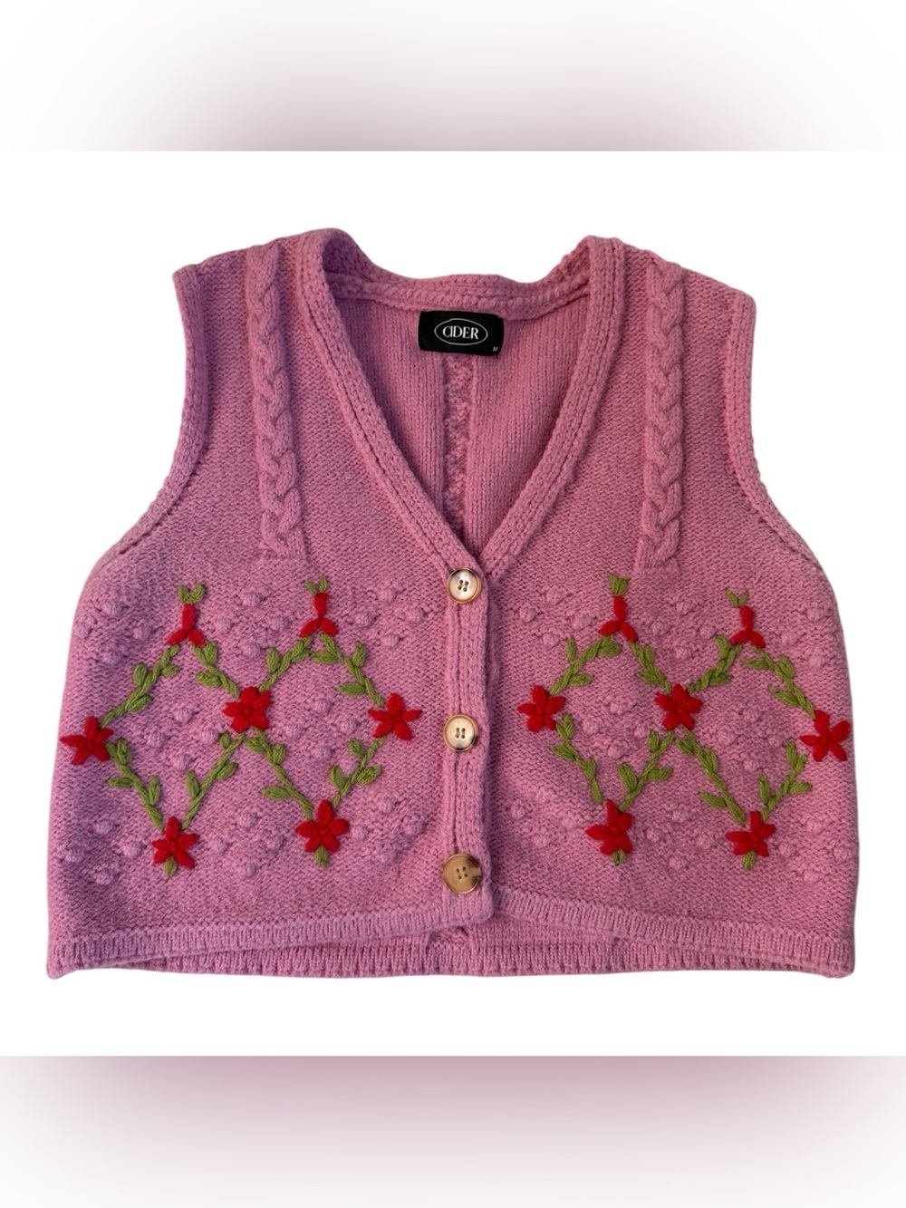 Cider Pink Embroidered Granny Knit Vest Sz M - Picture 4 of 11